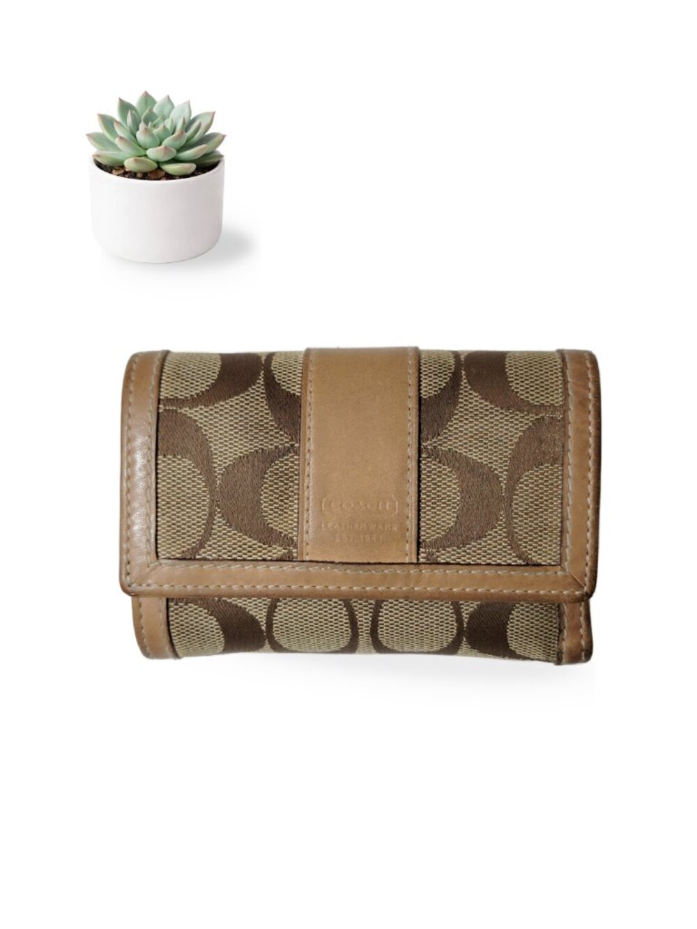 Coach Signature Bags Compact Trifold Wallet Khaki Canvas Tan Leather As Is